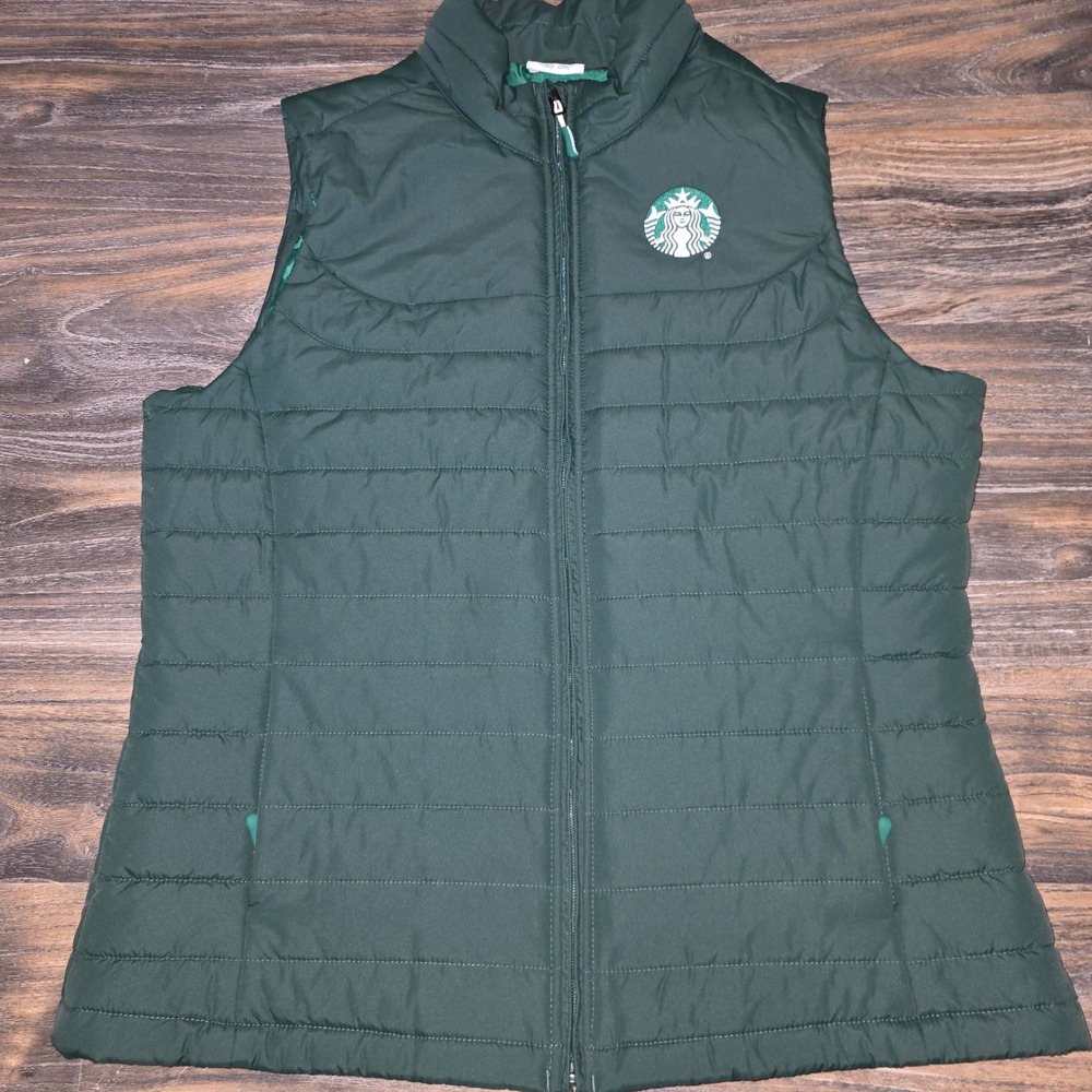 Starbucks Womens Puffer Vest Green Zip Up Logo Size 2XL